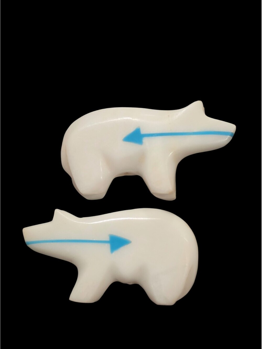 Pair of Vintage Zuni Bear Fetish Carvings White Marble Turquoise Heartline